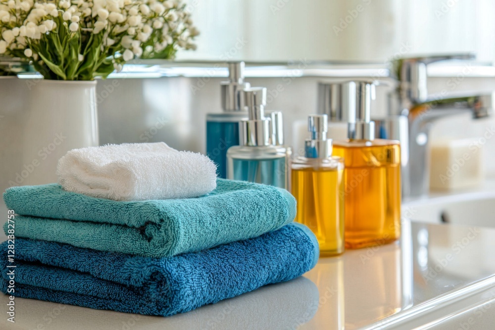 Refreshing bathroom setup featuring elegant towels and luxurious toiletries in a serene space Refreshing bathroom setup featuring elegant towels and luxurious toiletries in a serene space
