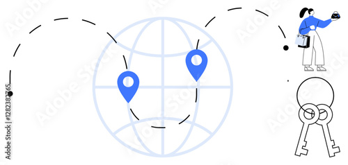 Two blue geolocation markers on a globe, dashed lines indicating movement, person holding delivery, crossed keys. Ideal for delivery tracking, logistics, global connections, business solutions, data