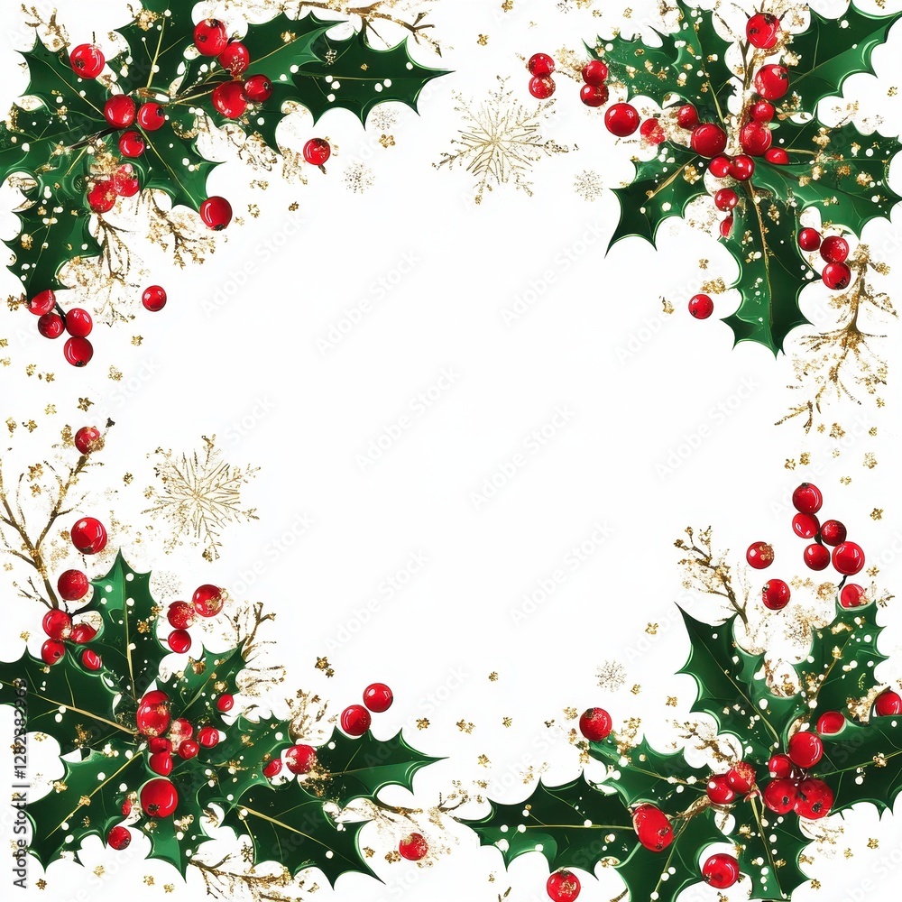 Festive Holly and Gold Frame for Winter Holidays Festive Holly and Gold Frame for Winter Holidays