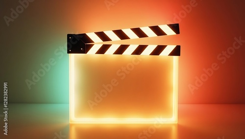 Neon-lit film clapperboard - cinematic production - creative stock image