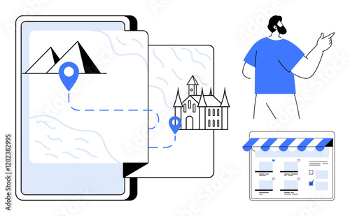 User pointing at a tablet displaying a map with landmarks, mountains, and location markers. Ideal for travel planning, navigation apps, tourism, adventure, digital maps, historical sites