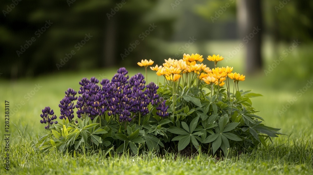Obraz premium Vibrant Display of Purple and Yellow Flowers in Lush Green Grass Under Soft Natural Light