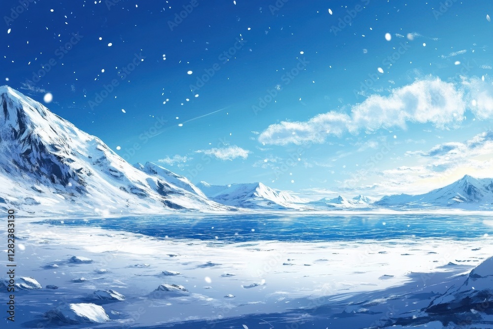 Serene Winter Landscape with Snow Covered Mountains and Frozen Lake