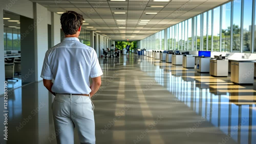 Man in white shirt walking down a long, bright office hallway.