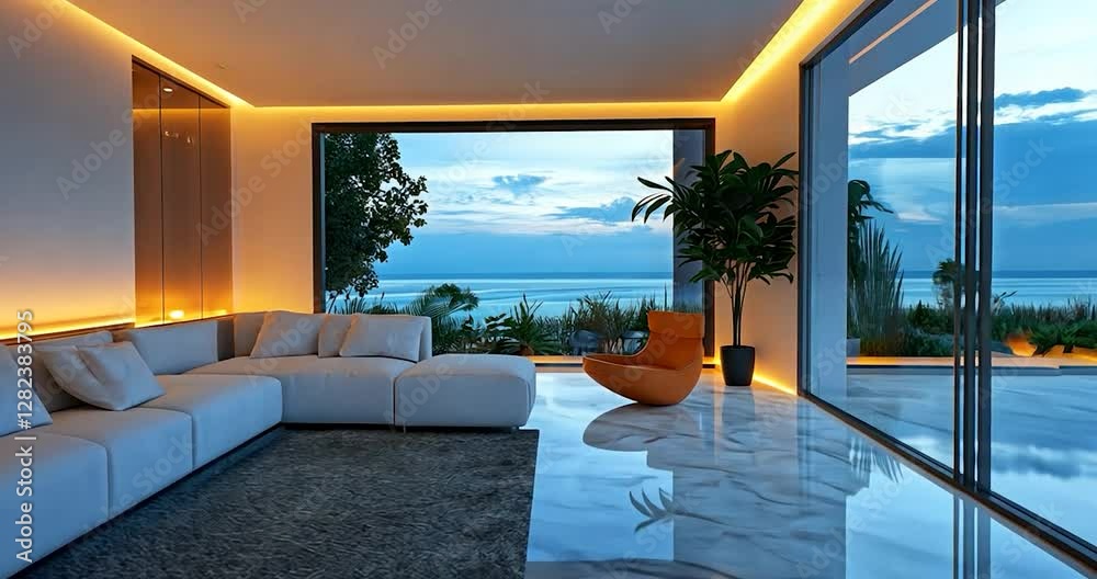 Modern living room with ocean view, illuminated by warm LED strip lights, featuring a white sectional sofa, ottoman, and orange armchair.