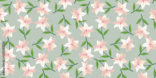 Cute Lily Flower Pattern On Pastel Blue Background Vector Design