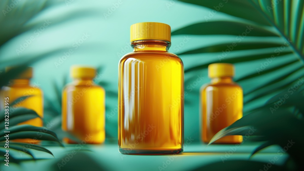 A group of amber glass bottles surrounded by green tropical leaves, suggesting a natural and organic product vibe. A group of amber glass bottles surrounded by green tropical leaves, suggesting a natural and organic product vibe.