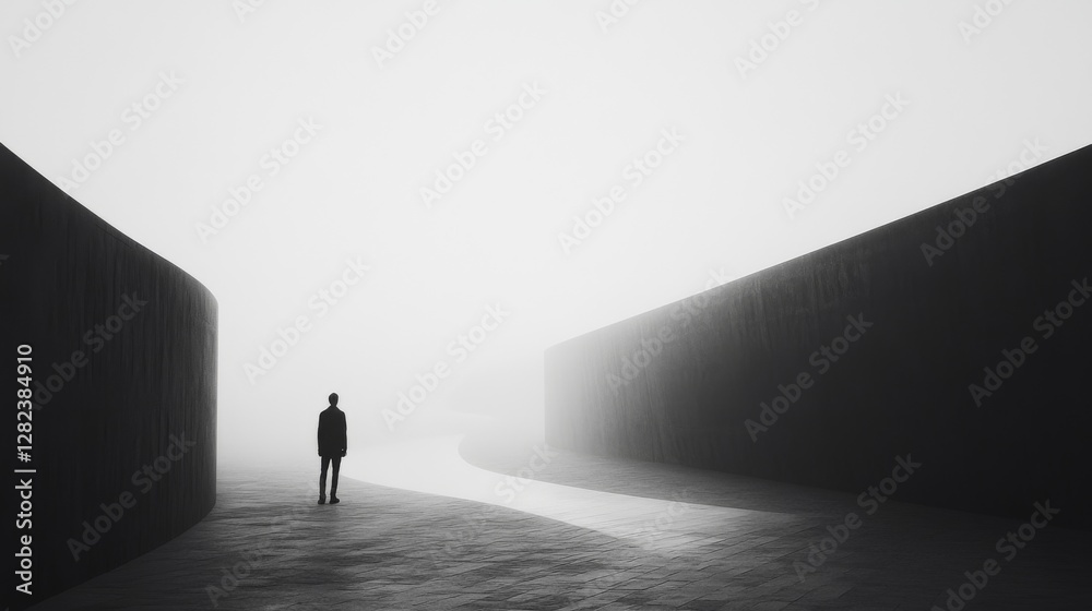 Solitary figure in misty path, uncertain future, abstract background Solitary figure in misty path, uncertain future, abstract background