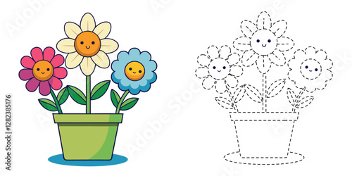 Trace and Color of Three Cute Flower Cartoon On Pot Design