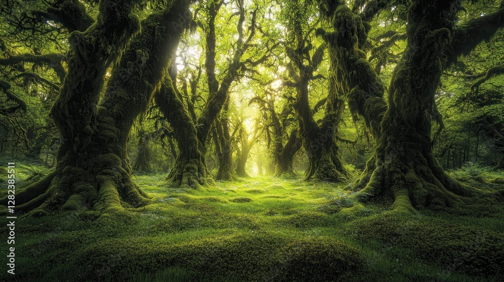 Obraz premium Sunlit mossy forest path.