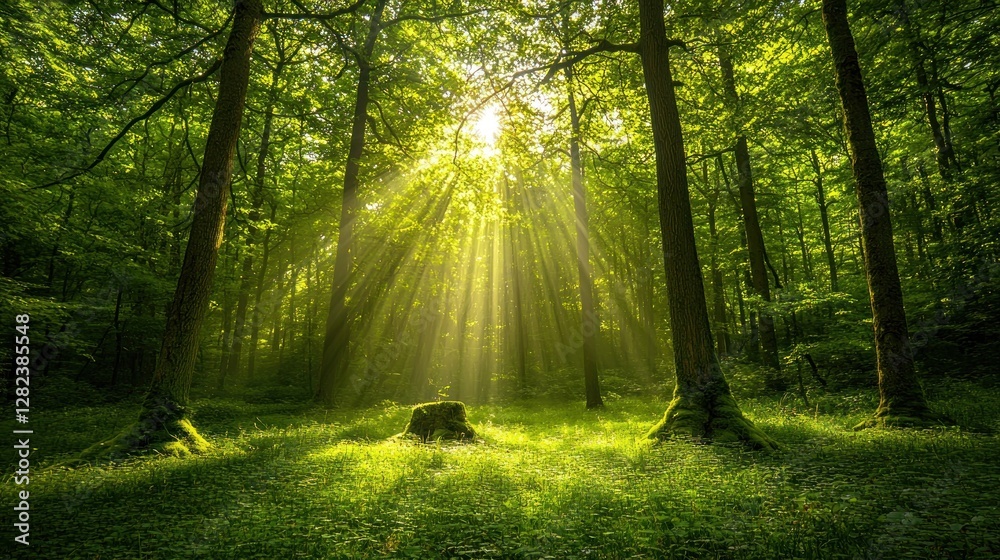 Fototapeta premium Sunbeams illuminating lush green forest.