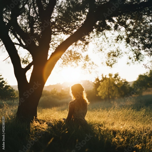 Wallpaper Mural Silhouette of a woman sitting under a tree during sunset in a serene landscape. Generative AI Torontodigital.ca