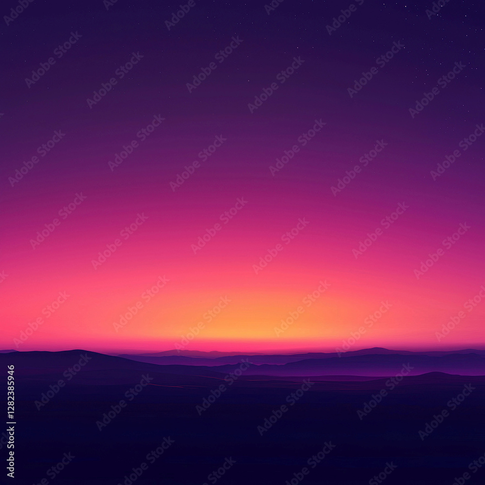 Obraz premium Digital artwork of an ethereal landscape with a transitioning sky from purple to orange, possibly sunrise or sunset Tranquil water mirrors the colors above, creating a serene reflectio - AI-Generated