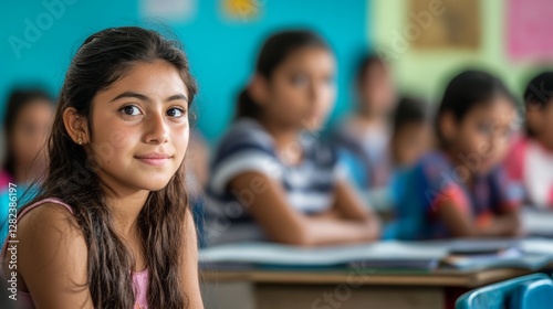 Young girl smiling in a classroom filled with attentive students during a school session in the afternoon