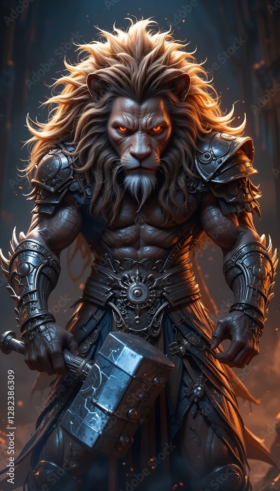 Powerful Lion Warrior with Hammer in Epic Fantasy Setting Powerful Lion Warrior with Hammer in Epic Fantasy Setting