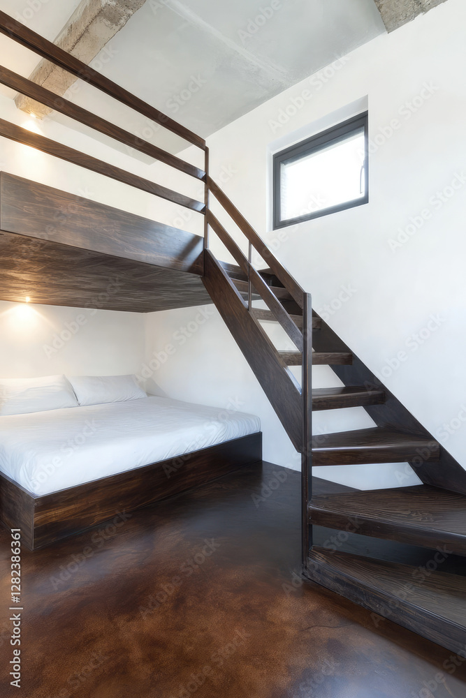 Fototapeta premium Mezzanine in the interior of a small room, industrial style design, minimalism, convenient solutions for a small area of the apartment