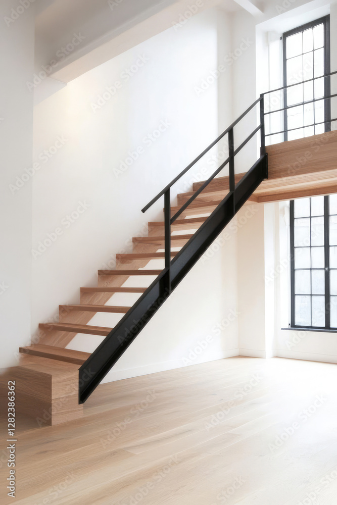 Obraz premium Mezzanine in the interior of a small room, industrial style design, minimalism, convenient solutions for a small area of the apartment