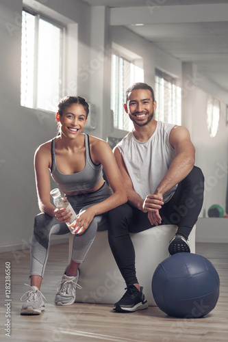 Fototapeta Naklejka Na Ścianę i Meble -  Exercise, medicine ball and portrait of couple in gym together for bonding, training or workout. Break, fitness or smile with happy man and woman athlete in health club for challenge or performance