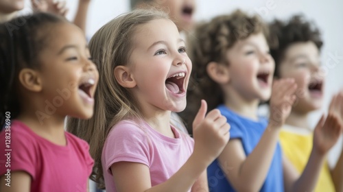 Group of children joyfully singing and clapping during a performance rehearsal in a bright classroom setting