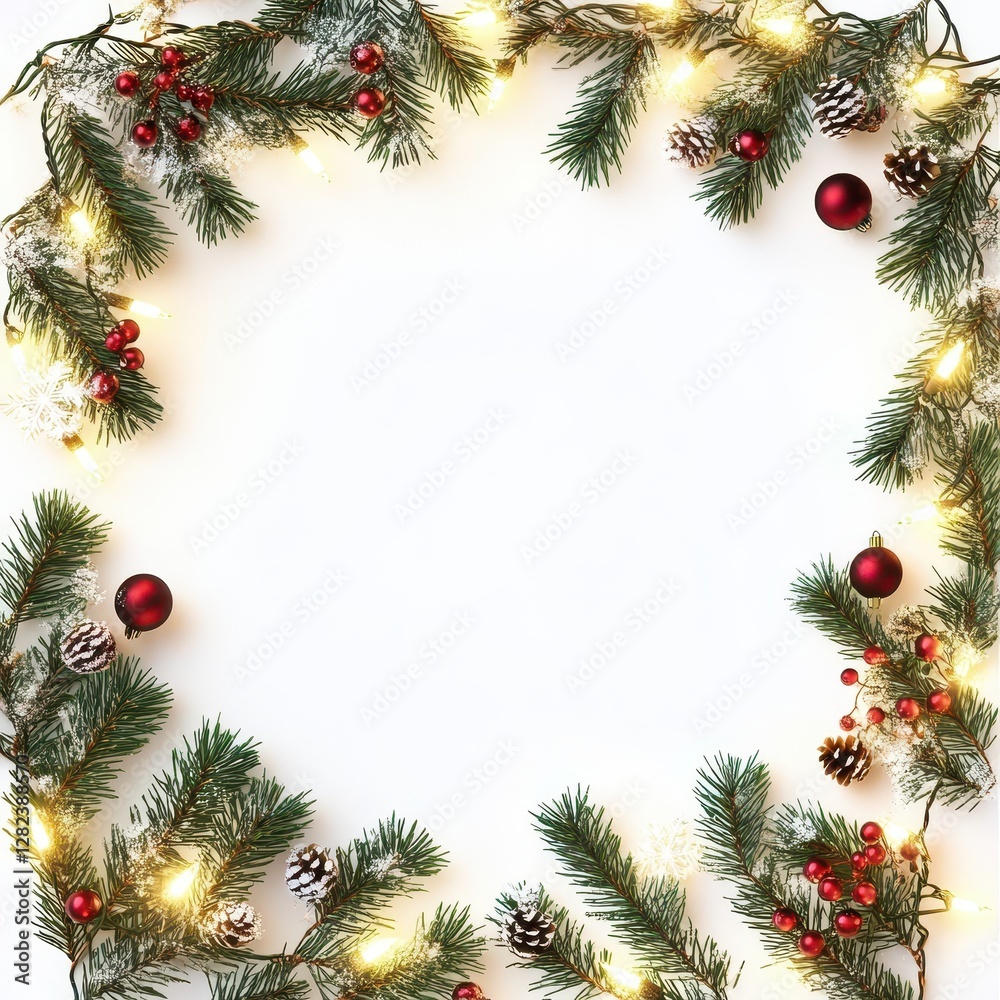 Festive Christmas Frame with Lights and Greenery Festive Christmas Frame with Lights and Greenery
