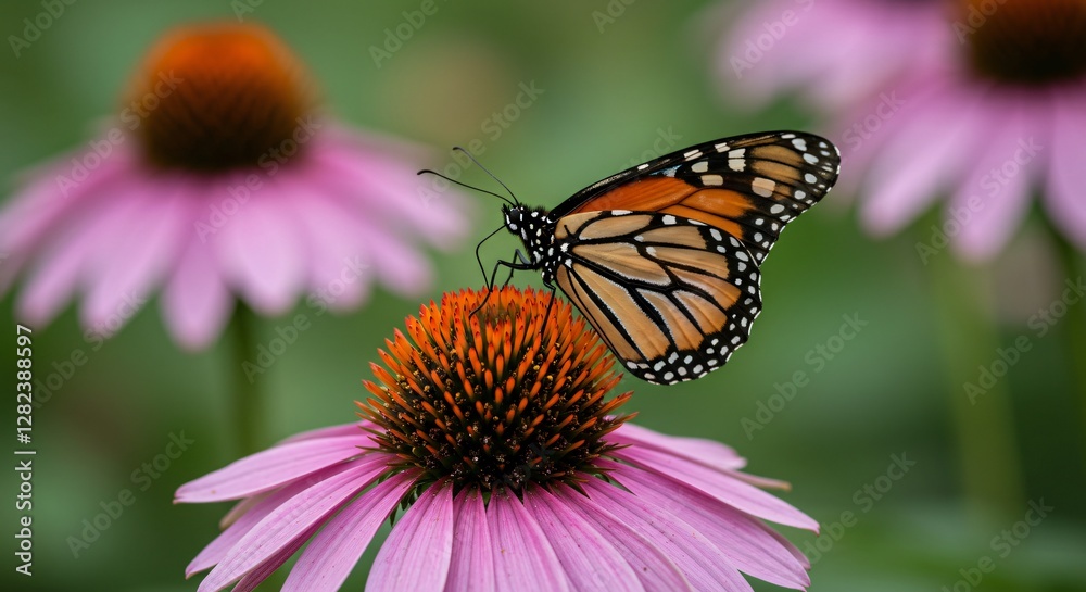 High-resolution macro shot of a butterfly resting on a blooming flower High-resolution macro shot of a butterfly resting on a blooming flower