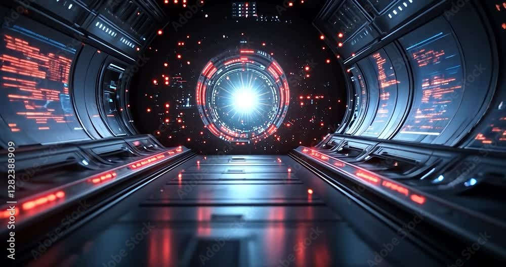 Futuristic spaceship corridor with glowing lights and digital screens.