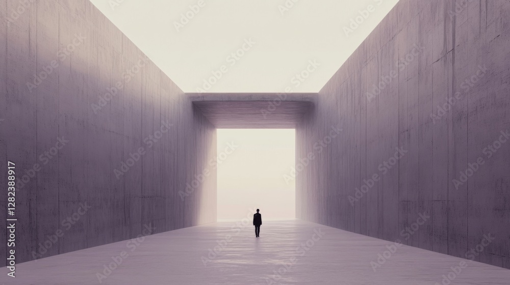 A solitary figure stands at the end of a vast, minimalist concrete corridor, evoking introspection A solitary figure stands at the end of a vast, minimalist concrete corridor, evoking introspection