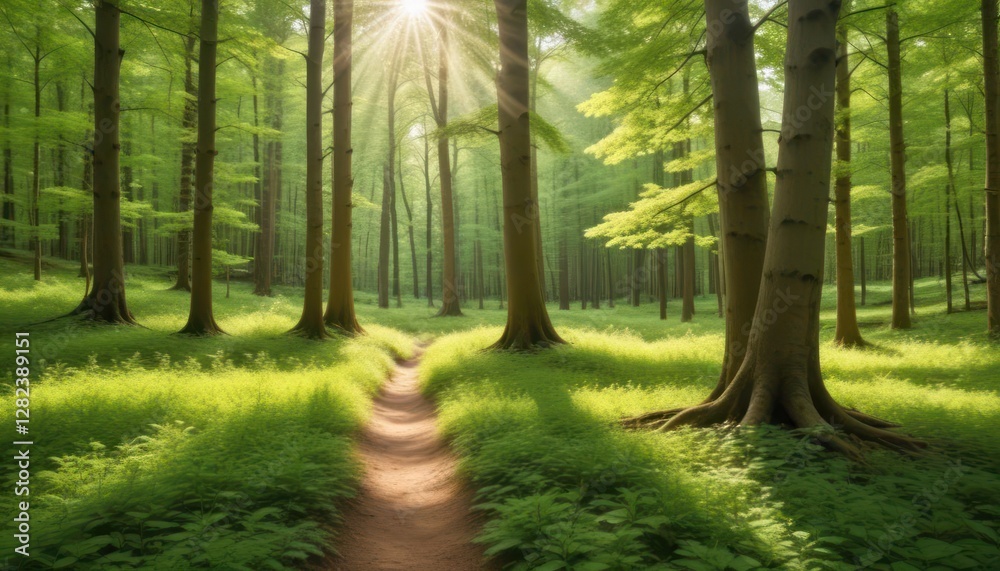 Obraz premium Sunlit Path Through a Lush Forest