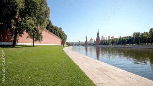 Moscow Kremlin riverside park, summer day, scenic view, travel postcard