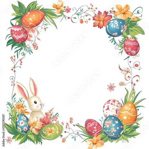 Adorable Easter Bunny with Colorful Eggs and Spring Flowers in a Festive Frame