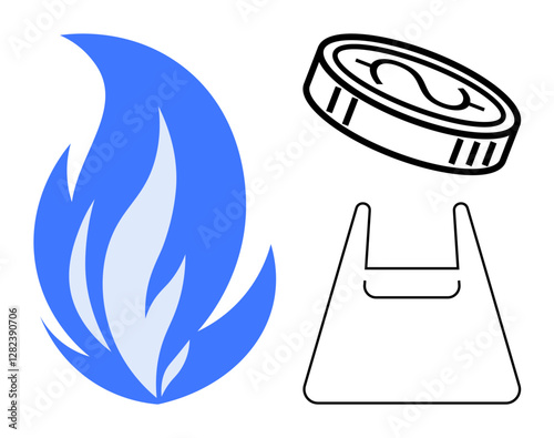 Blue flame alongside coin bearing dollar sign and plastic bag outline. Ideal for themes thumbs up sustainability, economy, consumption, pollution, cost-saving, energy waste, environmental impact