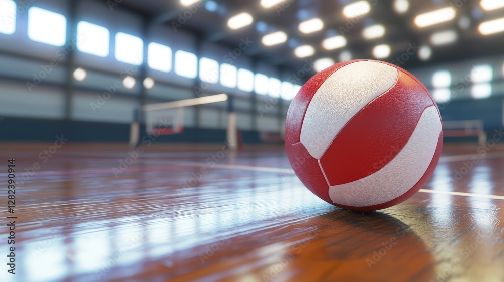 Realistic D render of a volleyball placed naturally on a gymnasium floor, strong texture details. Realistic D render of a volleyball placed naturally on a gymnasium floor, strong texture details.