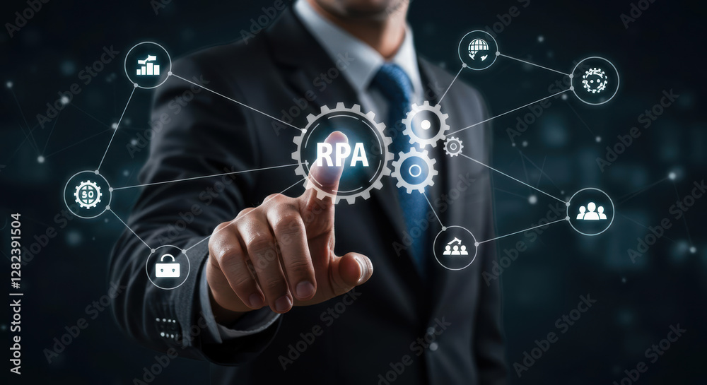 Automation of business or robotic process RPA technology. Transfer of data between application. Businessman touching gears icon on network connection