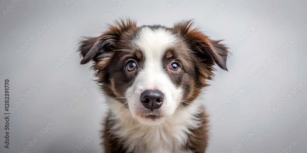 Adorable border collie puppy looks up at the camera with big brown eyes and a fluffy coat, showcasing its playful personality, playfulness, curiosity Adorable border collie puppy looks up at the camera with big brown eyes and a fluffy coat, showcasing its playful personality, playfulness, curiosity