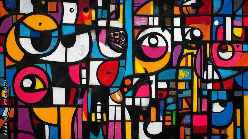 Fototapeta premium Abstract painting featuring colorful geometric shapes and facial features