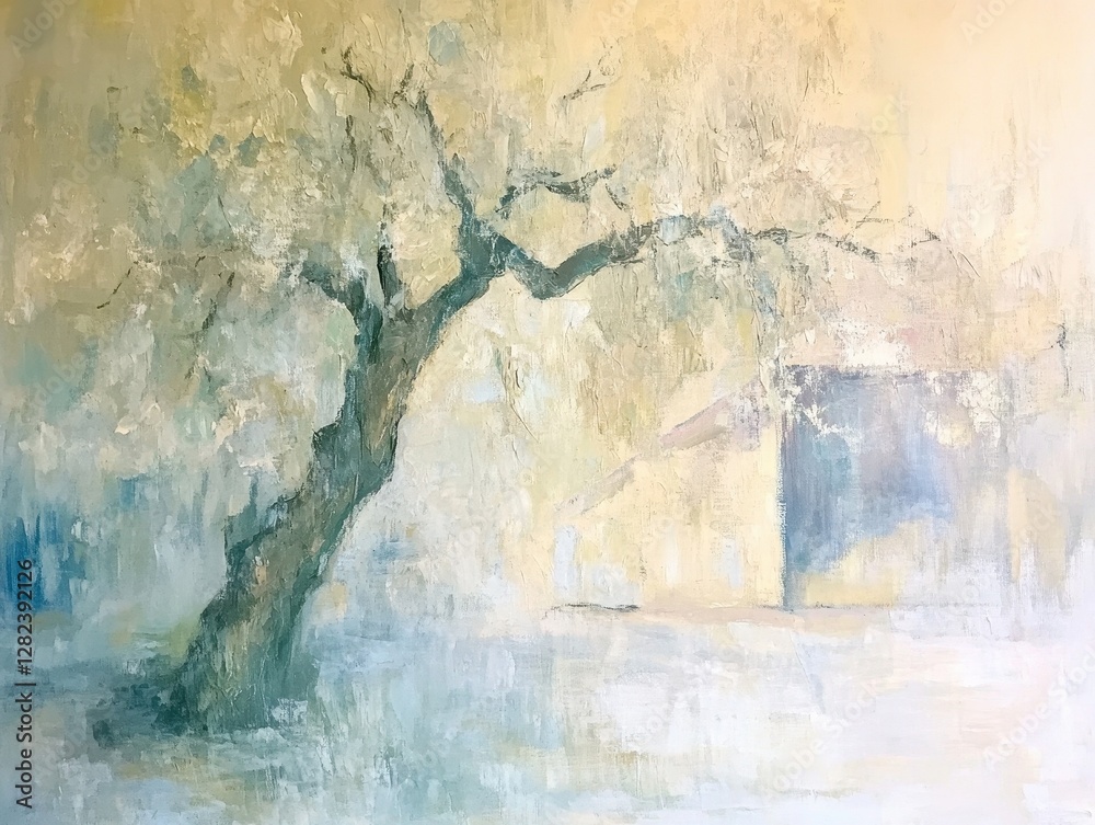 Obraz premium Serene Landscape Painting of an Old Olive Tree near a Rustic House