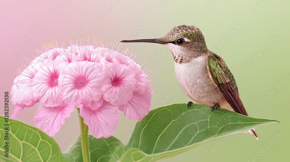 Fototapeta premium Hummingbird feeding on a delicate pink flower