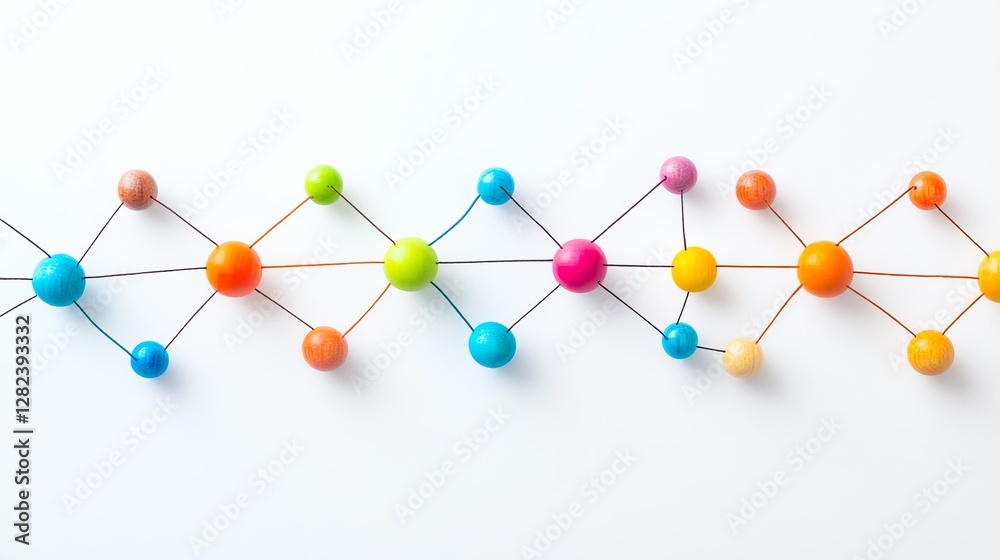 Abstract design of colorful strings and light brown wooden beads on white background, symbolizing collaboration, innovation, communication, and network connections Abstract design of colorful strings and light brown wooden beads on white background, symbolizing collaboration, innovation, communication, and network connections