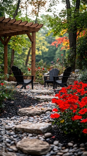 Backyard garden scene with chairs, flowers, pathway and trees in Autumn photo