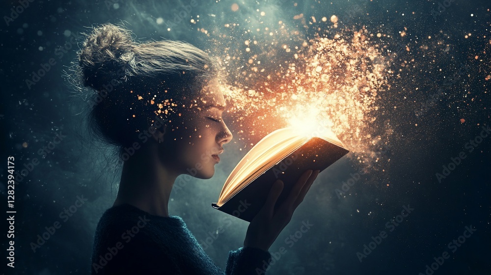 Fototapeta premium The magic of reading unfolds as a book emits a burst of glowing particles