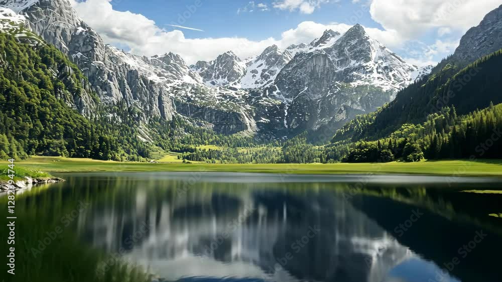 Serene mountain landscape with a tranquil lake reflecting snow-capped peaks under a clear blue sky Serene mountain landscape with a tranquil lake reflecting snow-capped peaks under a clear blue sky