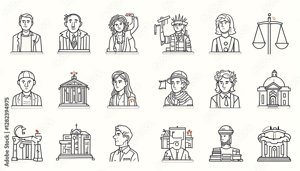 Fototapeta premium Diverse Professions and Landmarks: A Collection of Line Art Illustrations