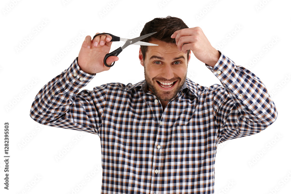 Man, scissors and haircut in studio, portrait and grooming with texture tool on white background. Happy male person, trim and diy treatment for hairstyle, cutting tips and damage for healthy growth Man, scissors and haircut in studio, portrait and grooming with texture tool on white background. Happy male person, trim and diy treatment for hairstyle, cutting tips and damage for healthy growth