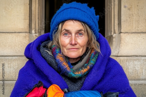 Homeless woman sitting with her belongings on the steps of an old building, her face reflecting hardship and resilience