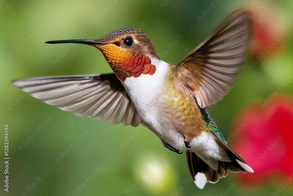 Fototapeta premium Hummingbird hovering and sucking nectar from red flower