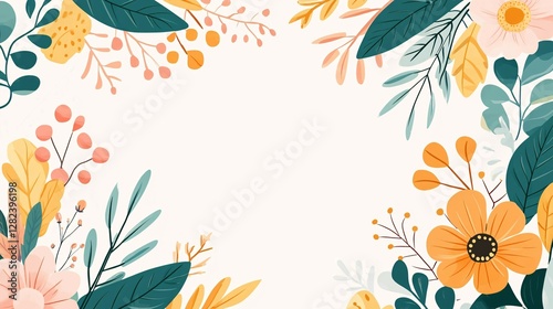 Colorful floral design features delicate flowers leaves and branches