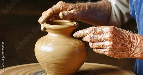 Elderly potter's hands shaping clay vase on pottery wheel.