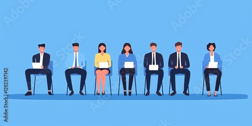 Business team of men and women sitting on chairs in a row. Business people waiting for an interview or meeting, against a blue background. Minimalistic flat design style illustration with simple shape