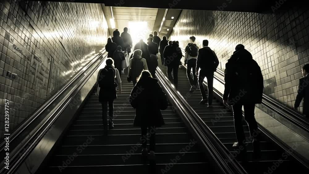 Silhouetted figures ascend a brightly lit escalator in a subway station.