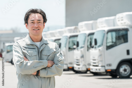 物流センターの駐車場に並ぶトラックの前にいる作業服姿の腕組みする男性（配送業・運送業・宅配業）
